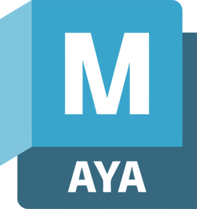 Logo with a large white letter 'M' on a blue background, and the name 'AYA' written below.