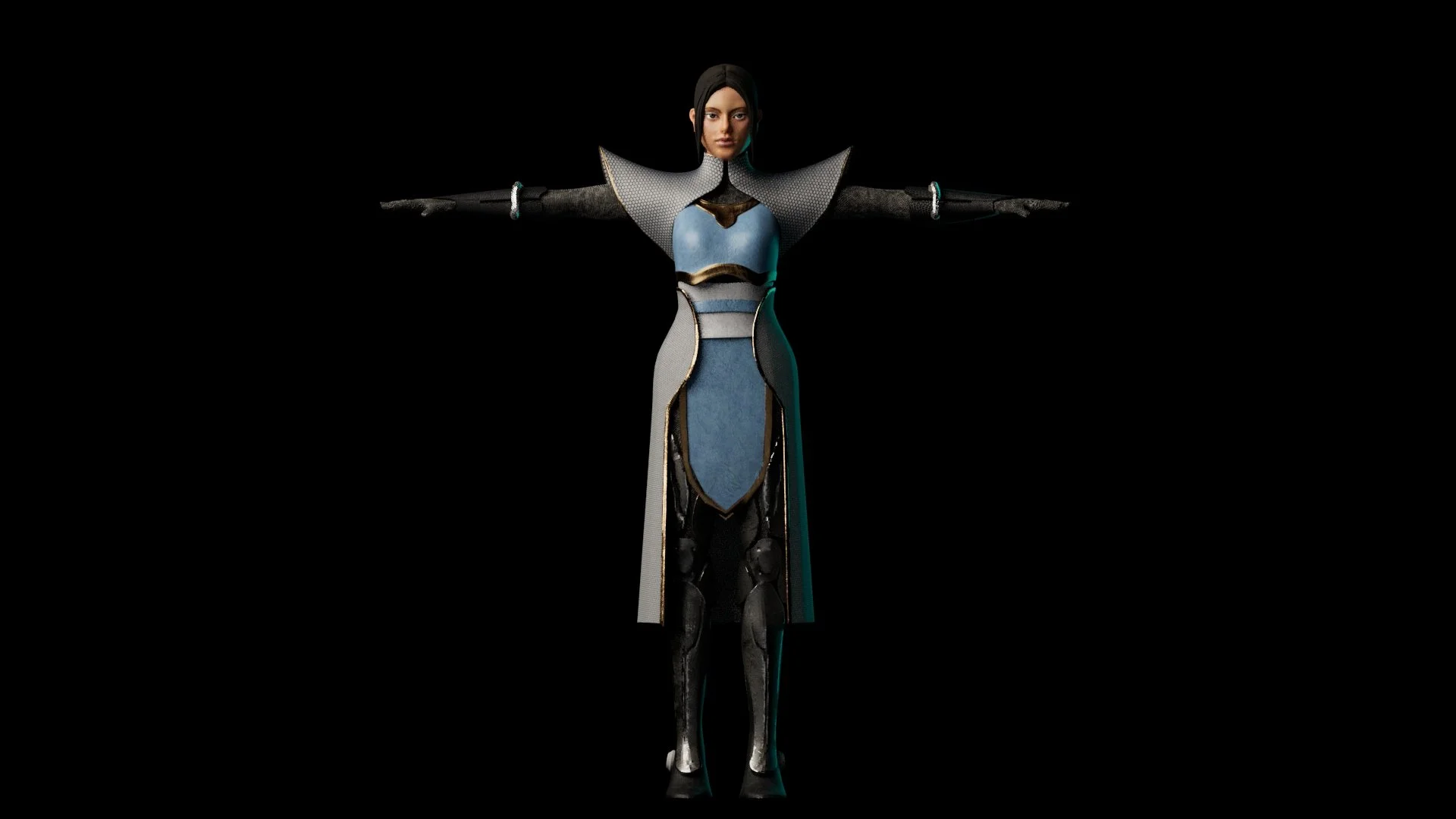 A digital character in futuristic armor stands with arms outstretched against a black background.