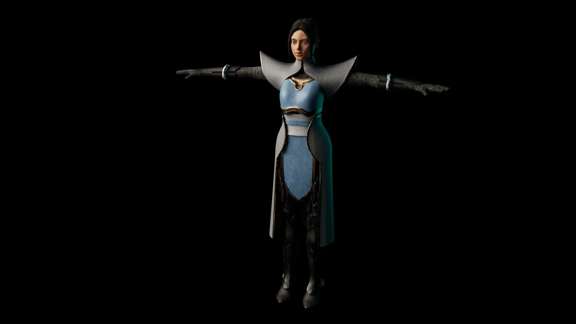 A woman character in a futuristic outfit with black, gray, and blue colors, standing with arms extended horizontally against a black background.