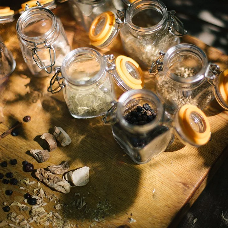 a selection of Atlantic distillery organic botanicals, both sustainably sourced and home grown at our smallholding near the north cornwall coast