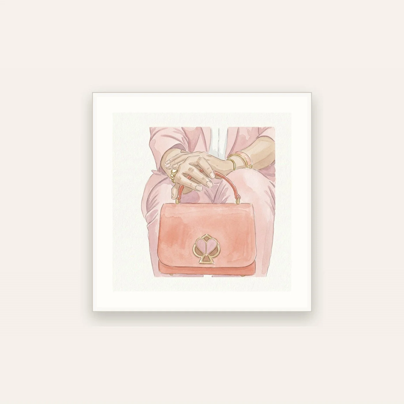 Watercolor illustration of hands wearing gold bangles holding a coral top-handle handbag