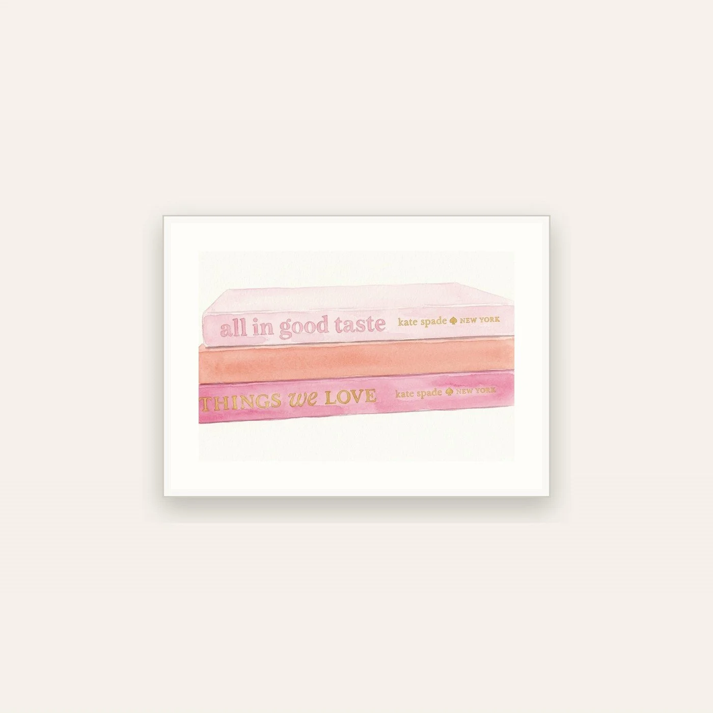 Watercolor illustration of three stacked coffee table books in blush, coral, and pink
