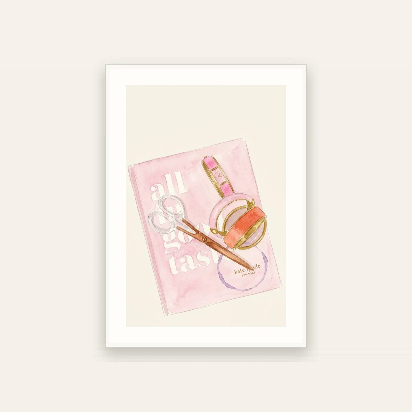 Watercolor illustration of a pink notebook, gold scissors, and stacked bangle bracelets on a desk