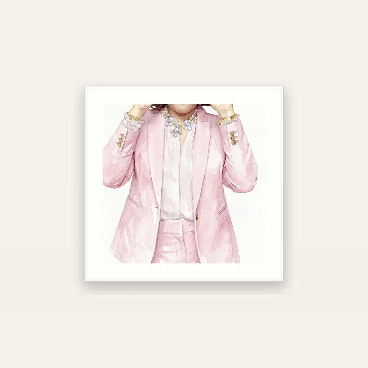 Watercolor fashion illustration of a woman in a pink suit wearing a layered statement necklace