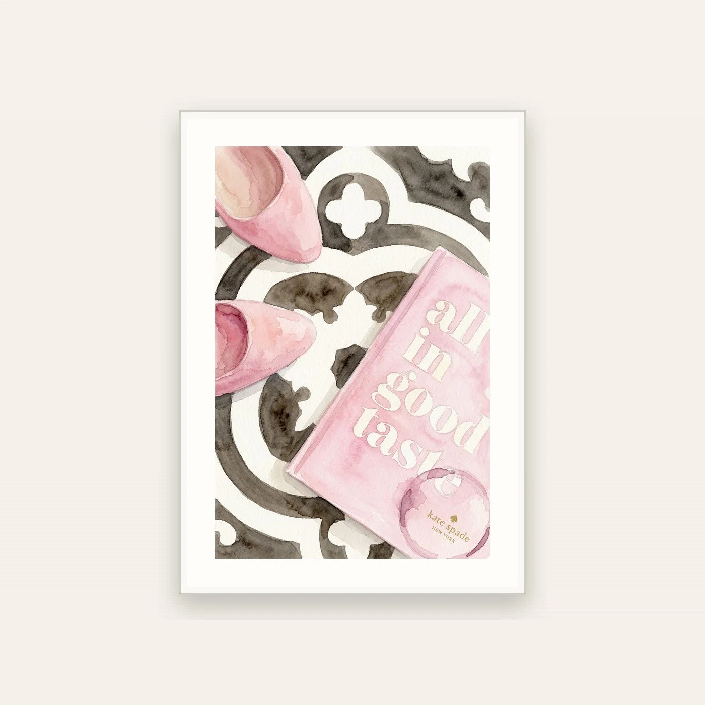 Watercolor illustration of pink pointed-toe flats and a pink book on black and white patterned tile