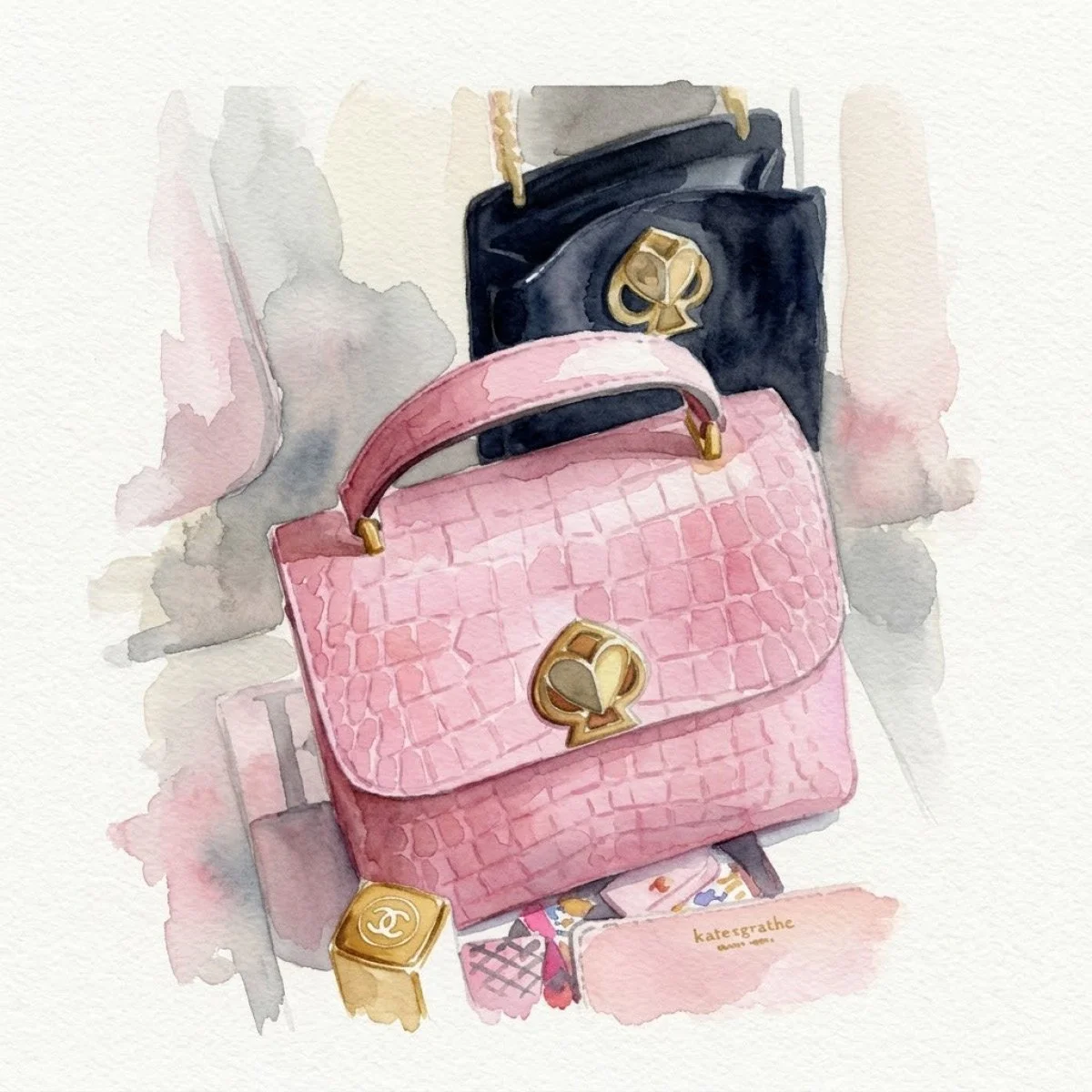 Watercolor illustration of various handbags, including a pink crocodile-embossed purse with a gold club-shaped clasp, a navy handbag with a gold spade logo, and a small gold and beige item with a Chanel logo, possibly a compact or decorative object.
