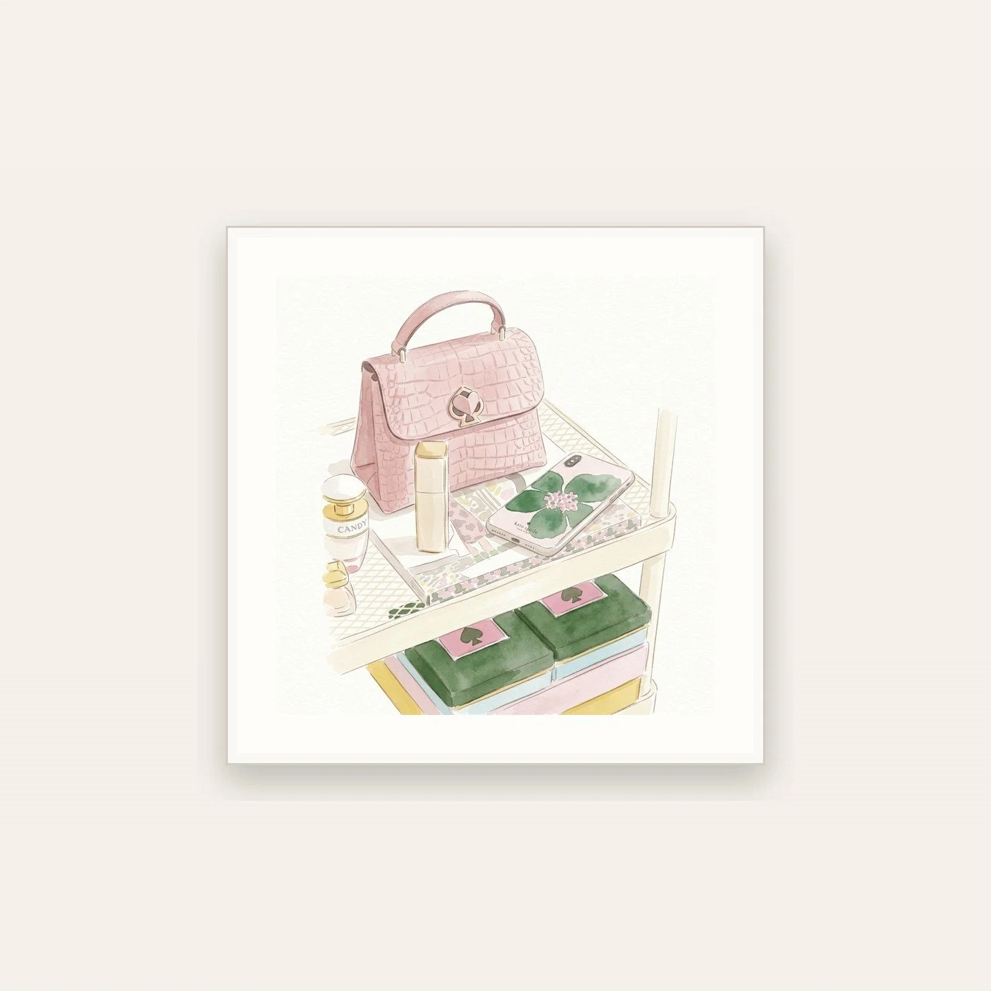 Watercolor illustration of a pink handbag, perfume bottle, lipstick, and phone on a vanity cart