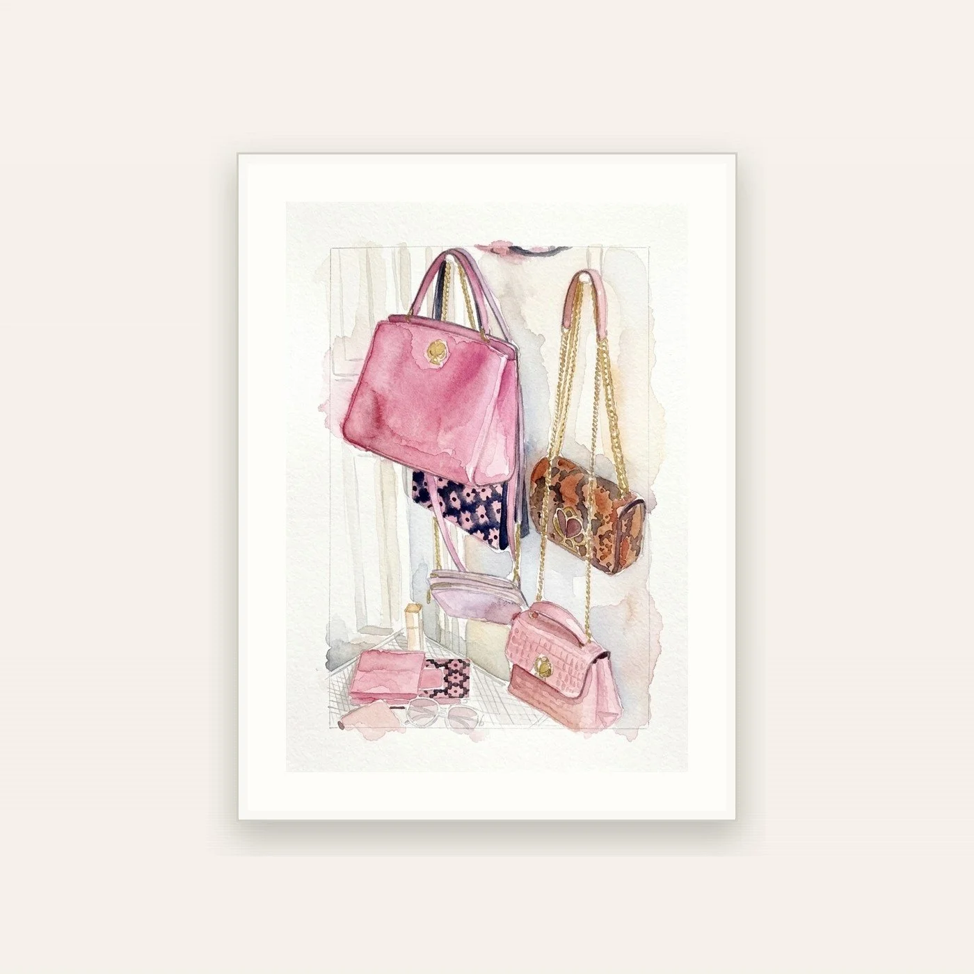 Watercolor illustration of multiple handbags in pink, lavender, and printed textures hanging together