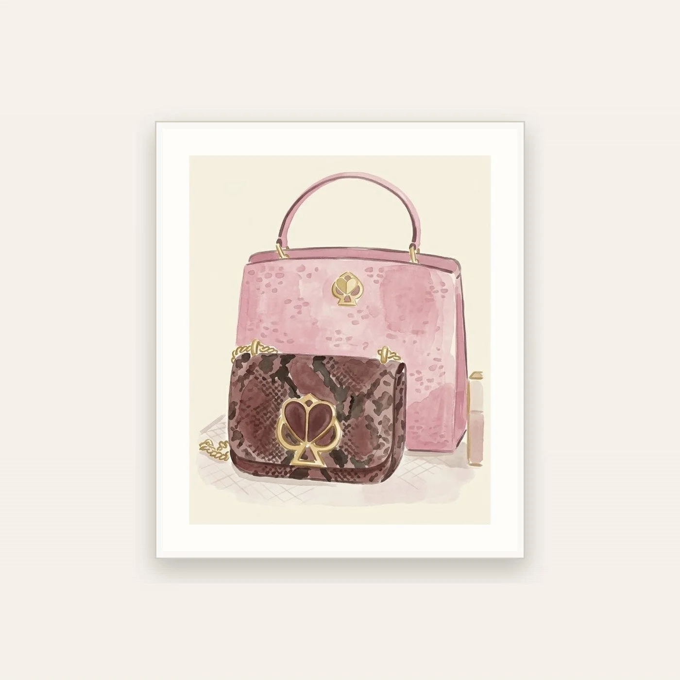 Watercolor illustration of a pink structured handbag beside a python-print crossbody bag