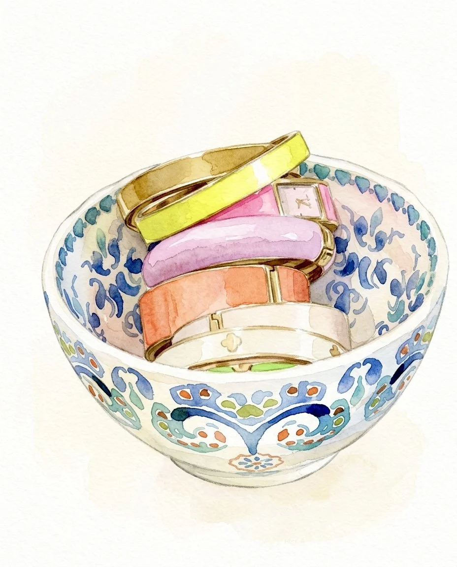 A decorative bowl with colorful patterns contains several colorful wristwatches.