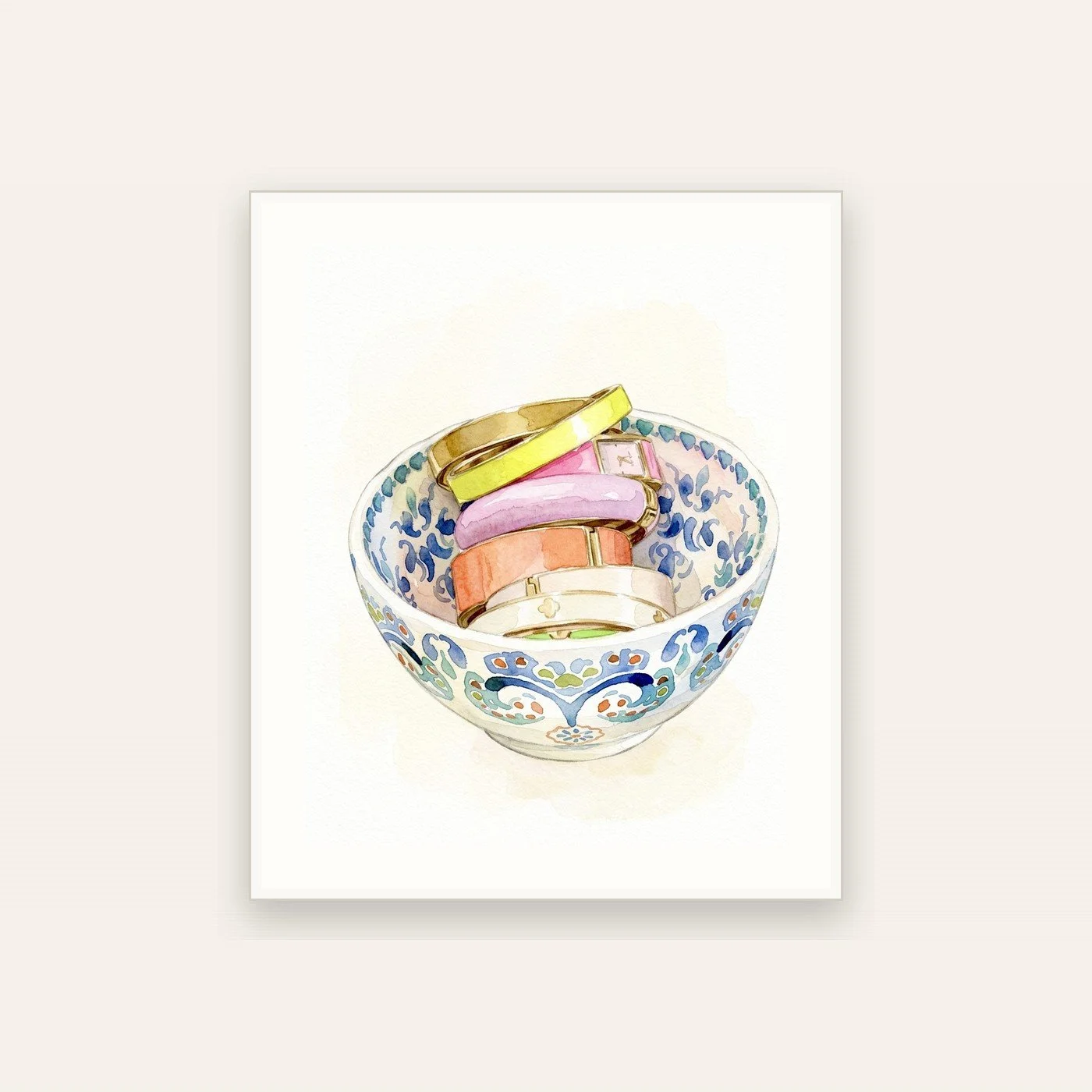 Watercolor illustration of colorful bangle bracelets and a watch inside a patterned ceramic bowl