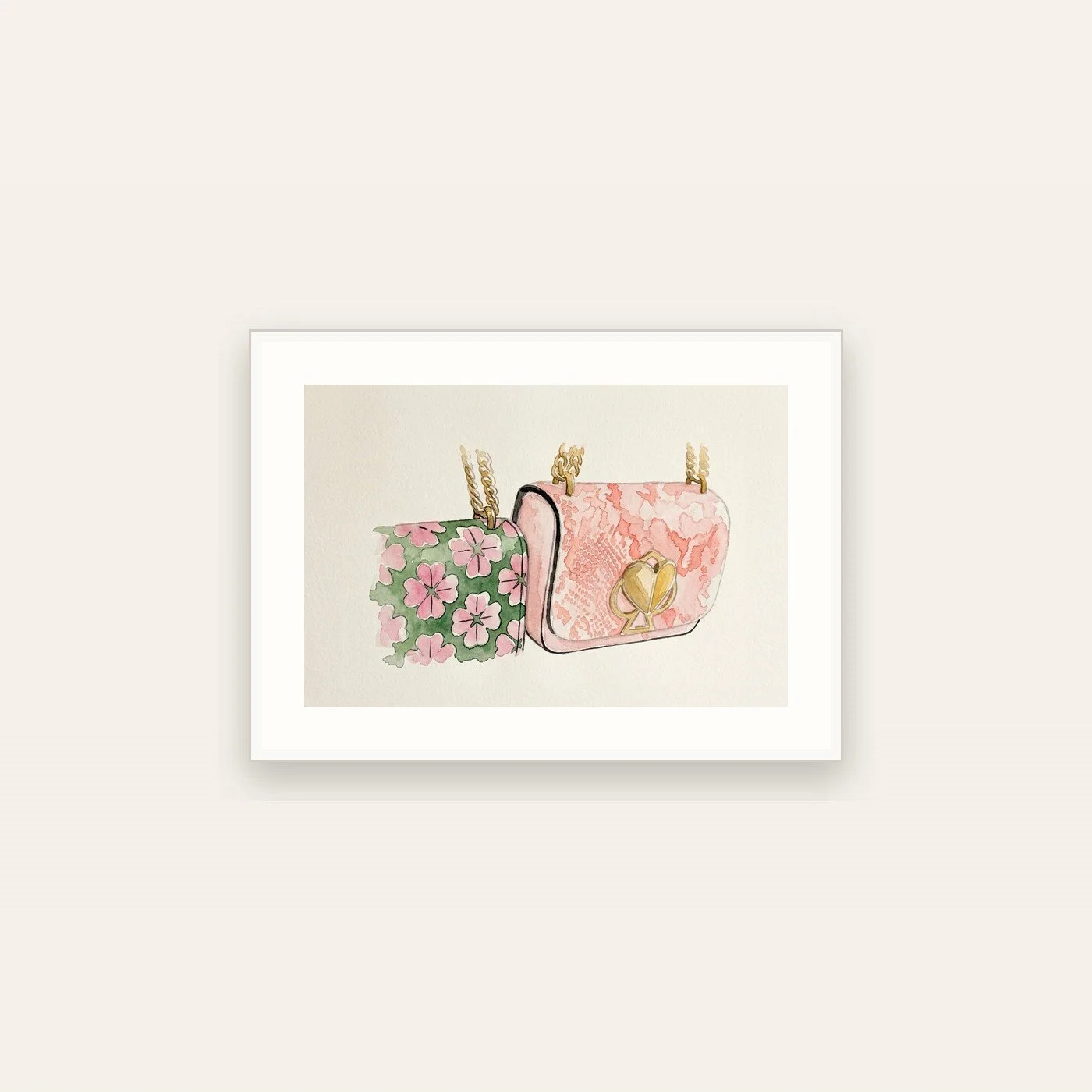Watercolor illustration of a green floral clutch bag beside a pink textured crossbody bag
