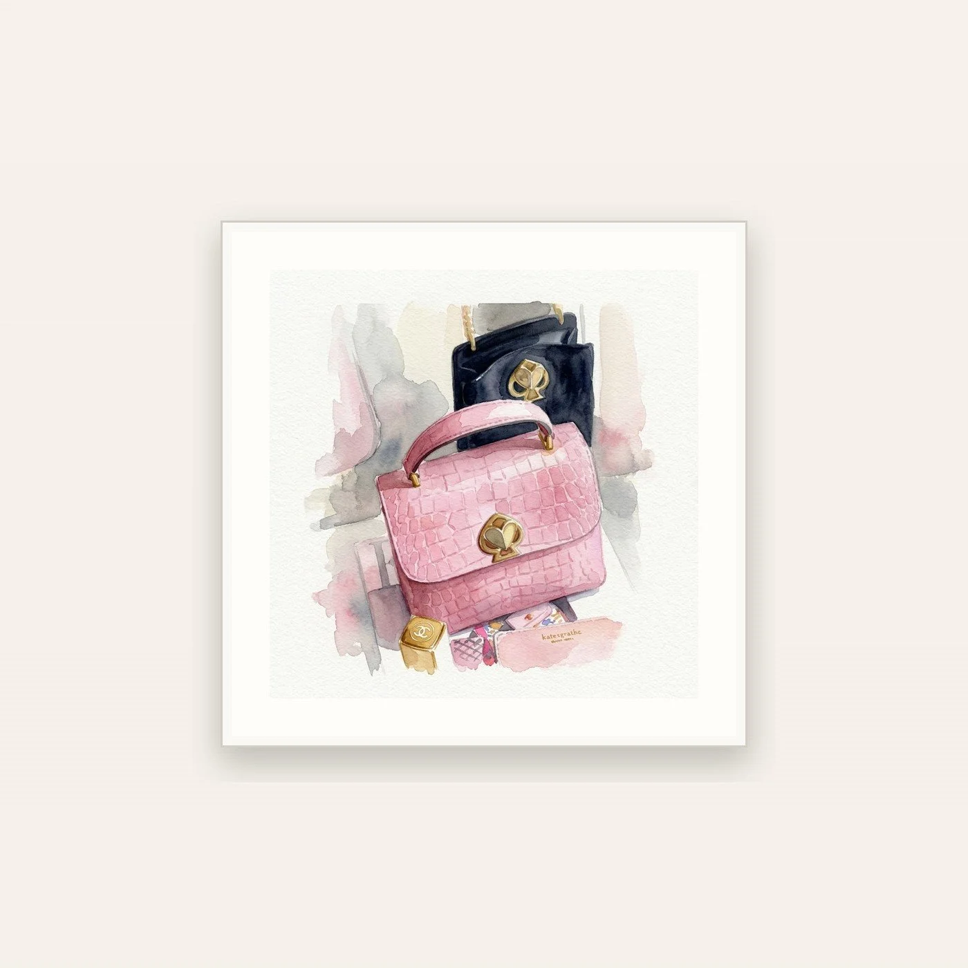 Watercolor illustration of a pink textured handbag stacked on a black handbag with a compact mirror