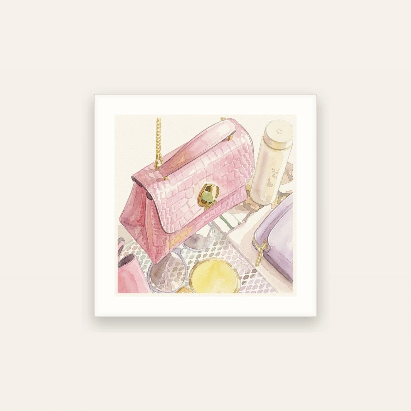 Watercolor illustration of a pink textured handbag hanging above vanity items and a candle