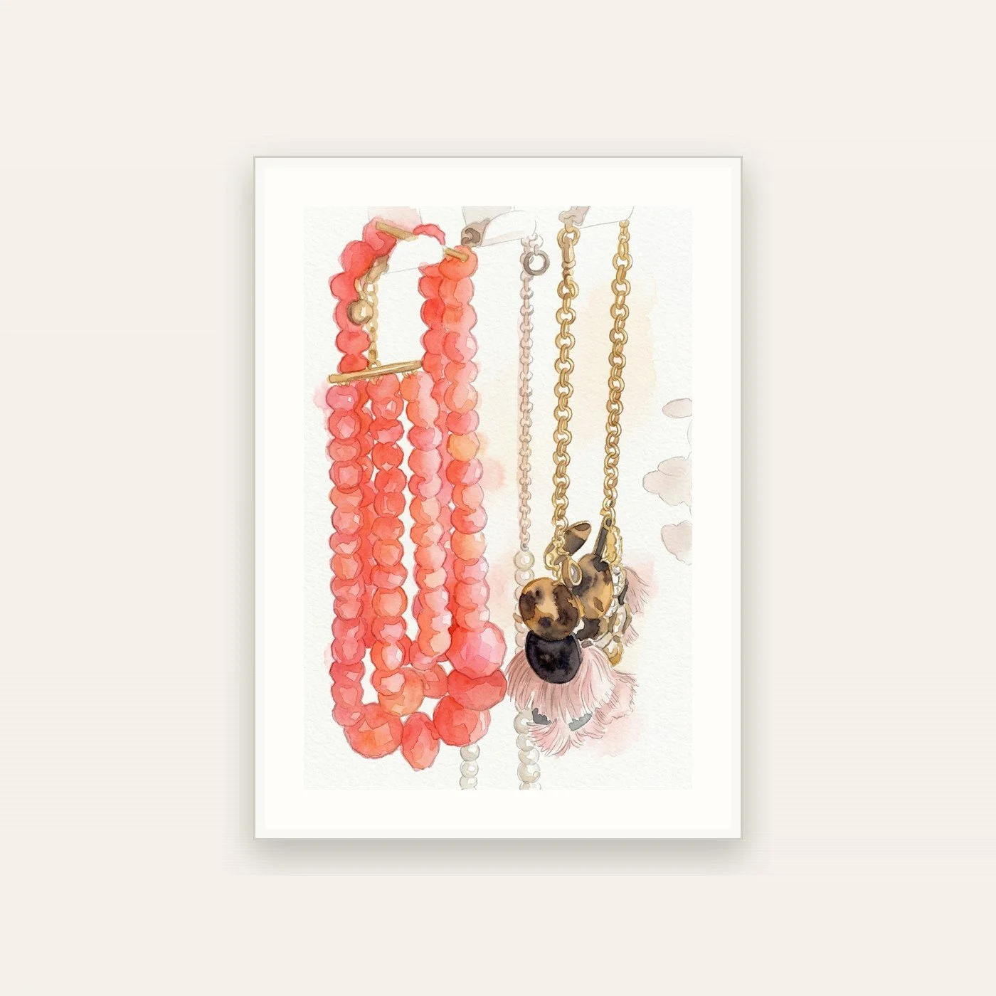 Watercolor illustration of layered coral bead necklaces and gold chain necklaces with tasseled charms