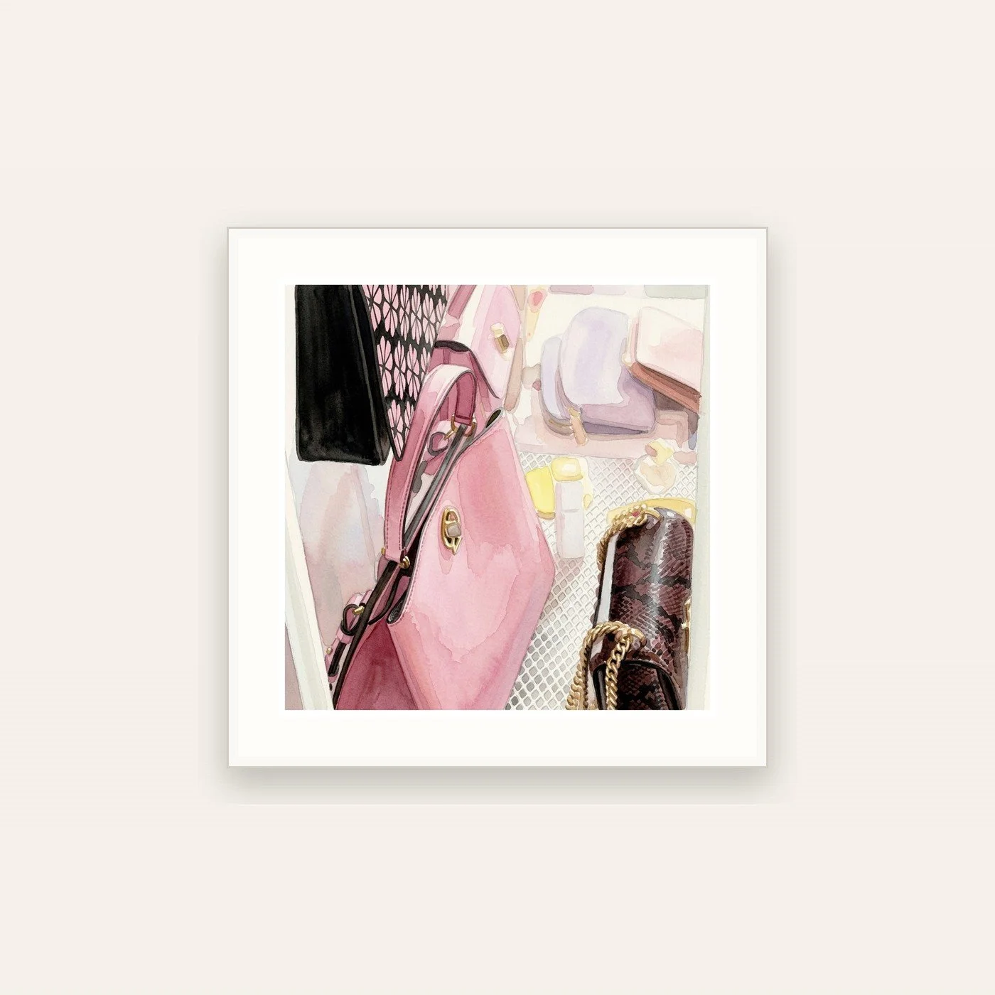 closet-edit_room-mockup.jpgWatercolor illustration of a pink handbag and patterned pouch hanging in a closet above accessories