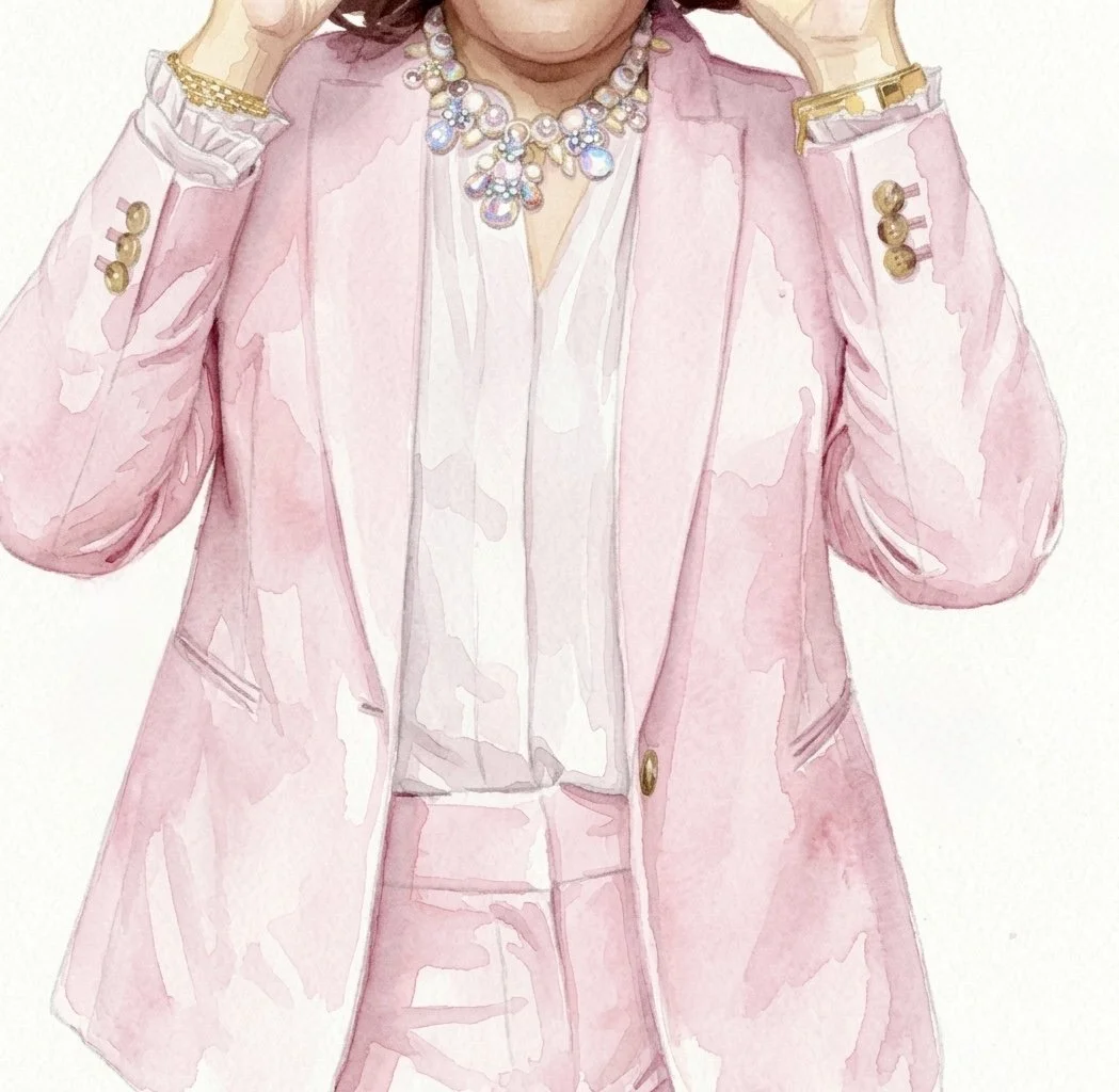 A woman dressed in a pink suit with a white blouse, wearing a pearl and gemstone necklace, and gold jewelry on her wrists and buttons on her sleeves.