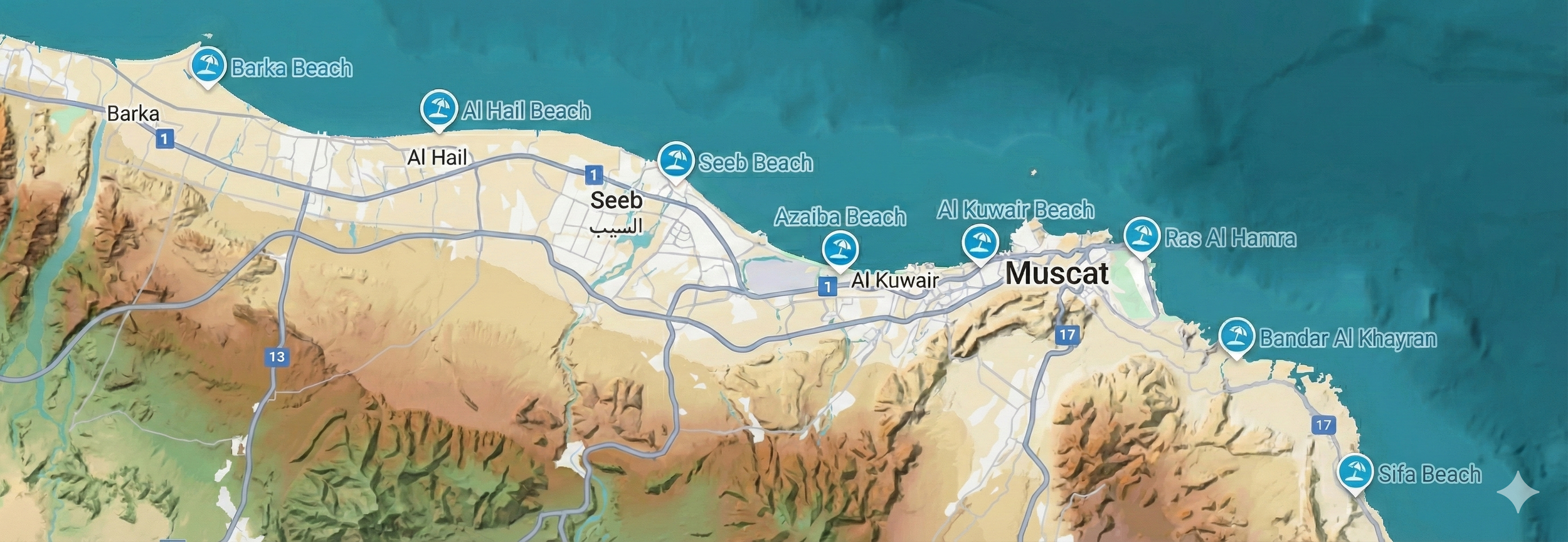 Map of Muscat, Oman, showing beaches along the coast including Barka Beach, Al Hail Beach, Seeb Beach, Azaiba Beach, Al Kuwait Beach, Ras Al Hamra, Bandar Al Khayran, and Sifa Beach, with roads and terrain features.