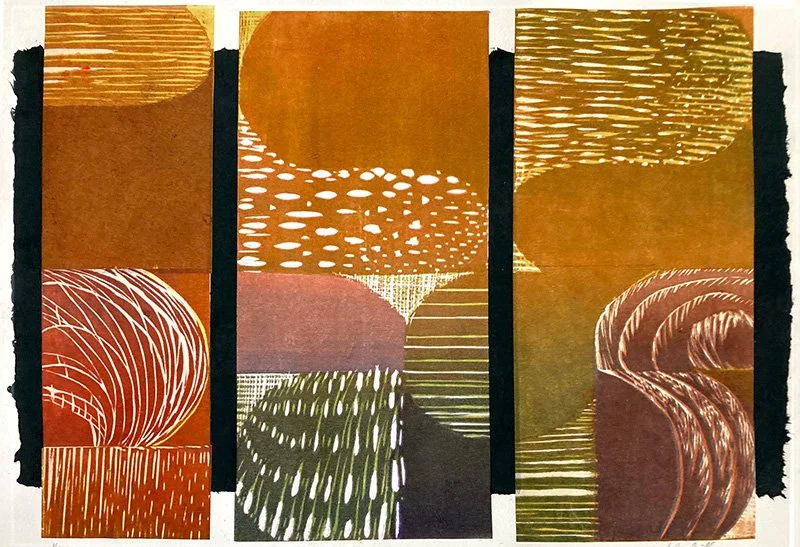 Symmetry in Motion-3, reduction woodcut, 10x14.5"