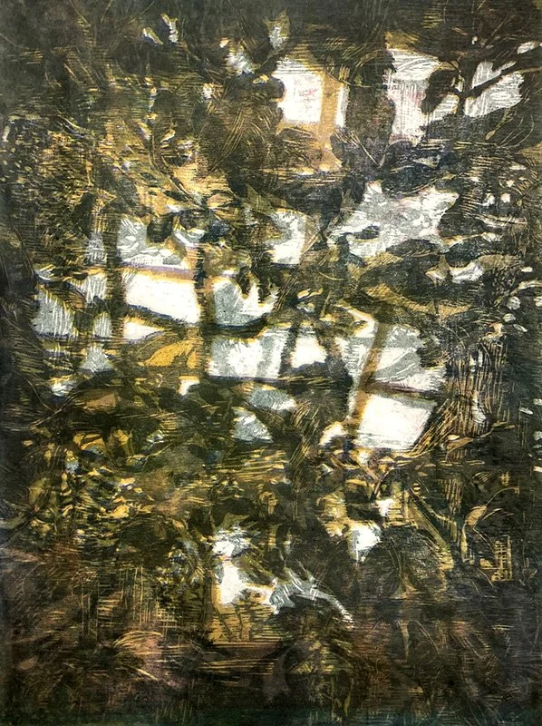 Luminous Refuge-1, reduction woodcut, stencils, 24”x18”