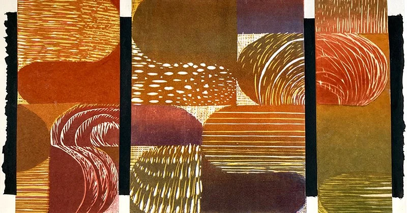 Symmetry in Motion-2, reduction woodcut, 10x18"