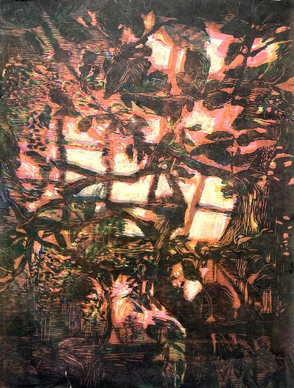 Luminous Refuge-4, reduction woodcut, stencils, 24”x18”