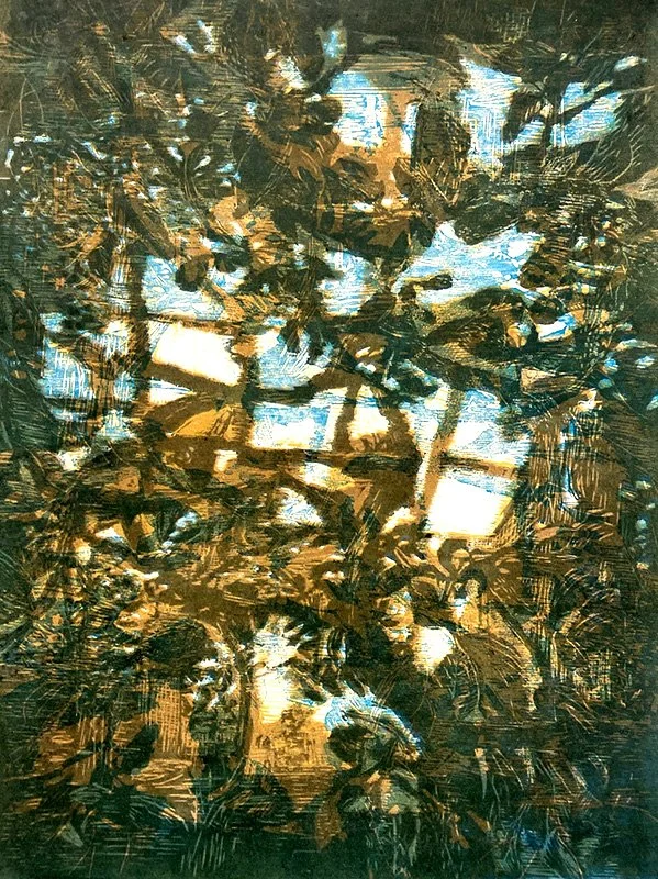 Luminous Refuge-3, reduction woodcut, stencils, 24”x18”