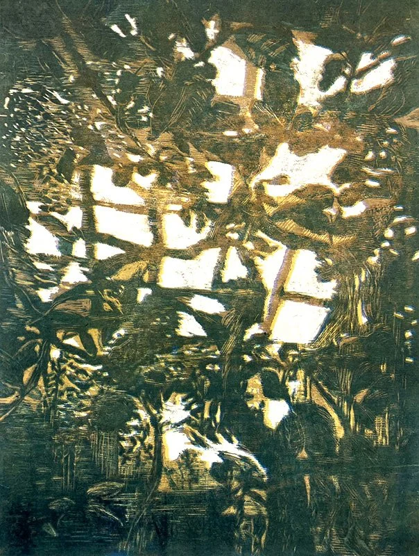 Luminous Refuge-2, reduction woodcut, stencils, 24”x18”