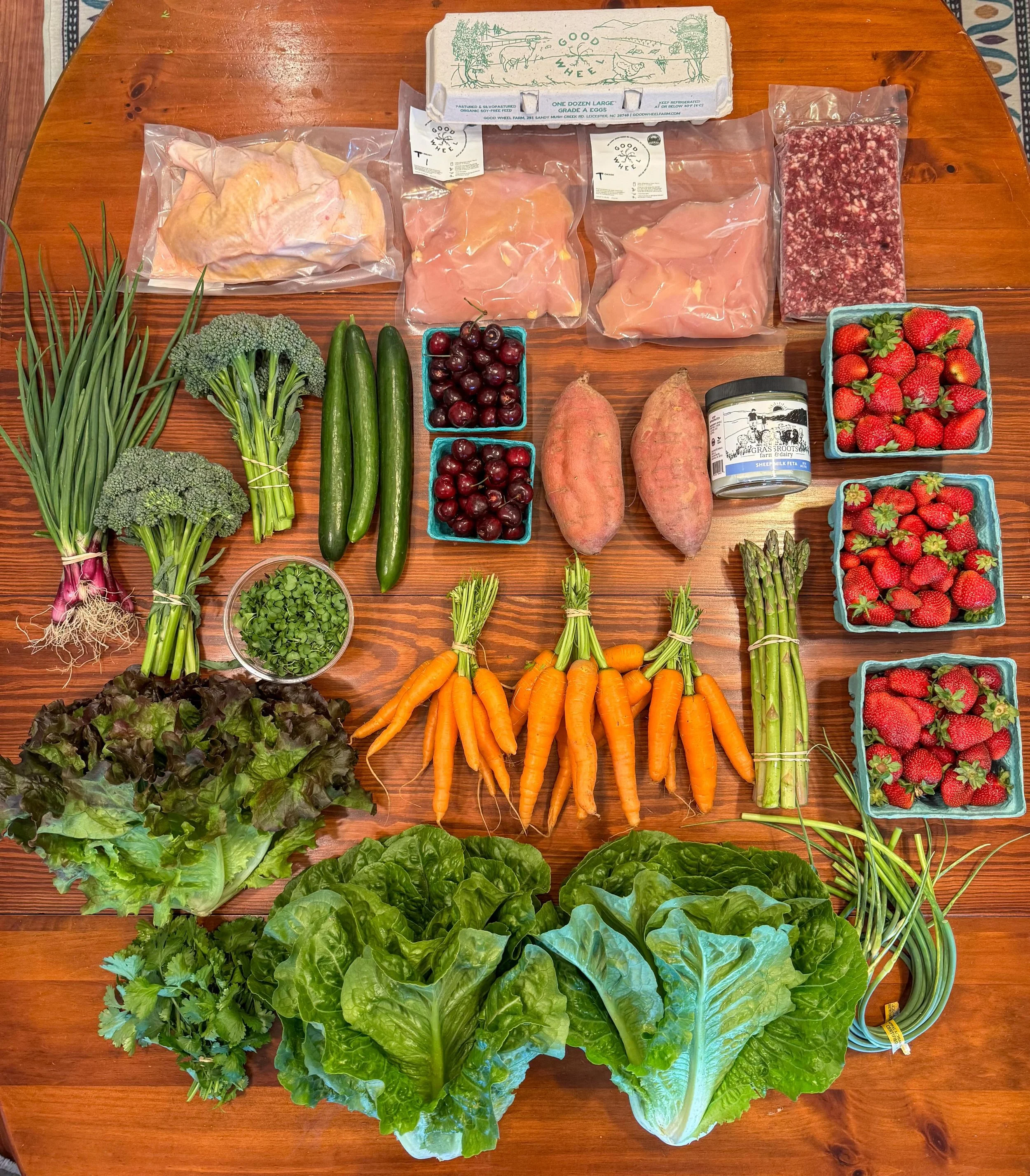 MARKET HAUL 🥦

Cilantro
Romaine lettuce
Garlic scapes
Strawberries
Asparagus
Carrots
Red leaf lettuce
Green garlic
Broccoli
Cucumbers 
Broccoli microgreens
Cherries
Sweet potatoes
Raw sheep feta
Grass fed grass finished ground beef
Pastured organic 