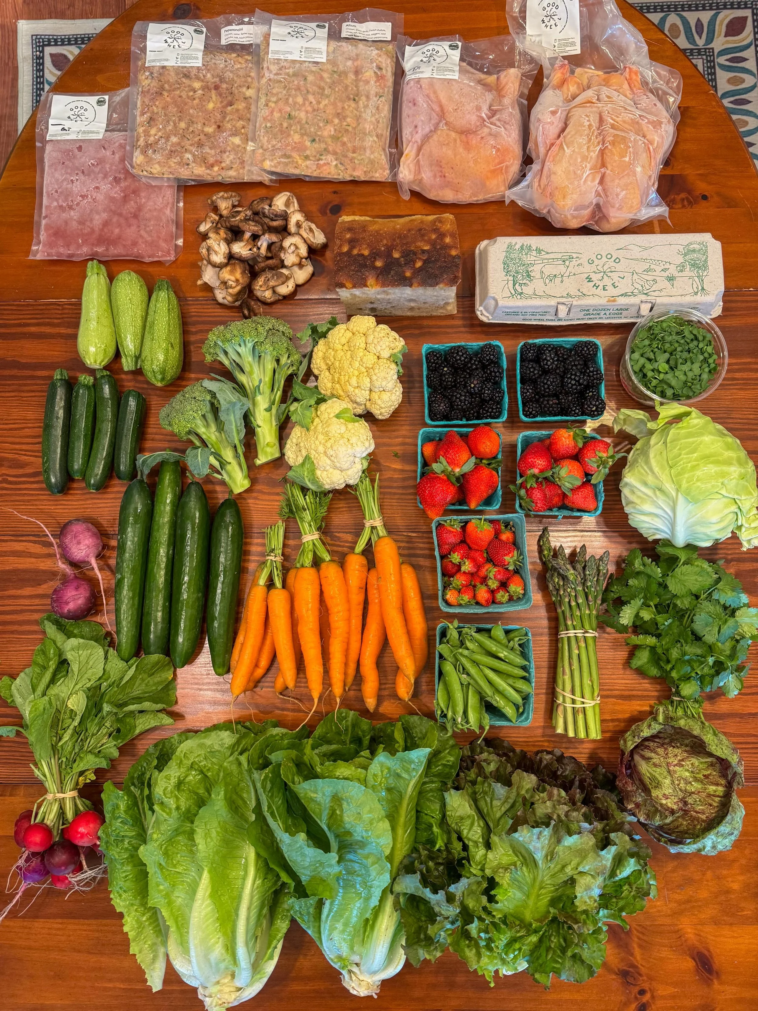 MARKET HAUL 🥕

Radish
Romaine lettuce
Red leaf lettuce
Radicchio 
Cilantro
Asparagus
Sugar snap peas
Carrots
Cucumbers
Daikon radish
2 kinds of zucchini
Broccoli
Cauliflower
Strawberries
Blackberries
Cabbage
Broccoli microgreens
Organic pasture rais