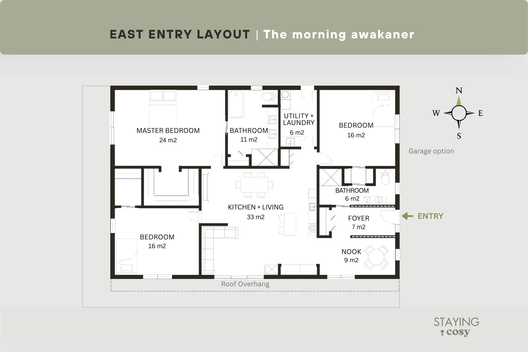 Minimalist floor plan of an East entry eco-home titled The morning awakener, highlighting kitchen placement for morning sun.