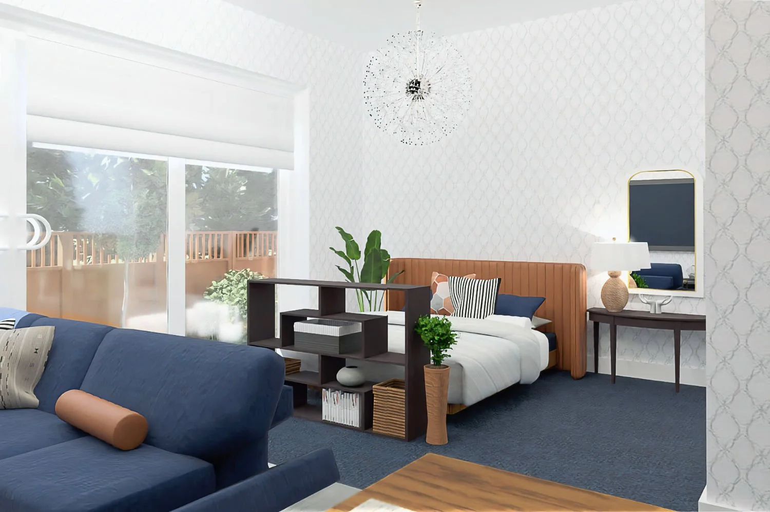 Dark blue bedroom area in studio apartment with softly partitioned double bed and defined sleeping zone
