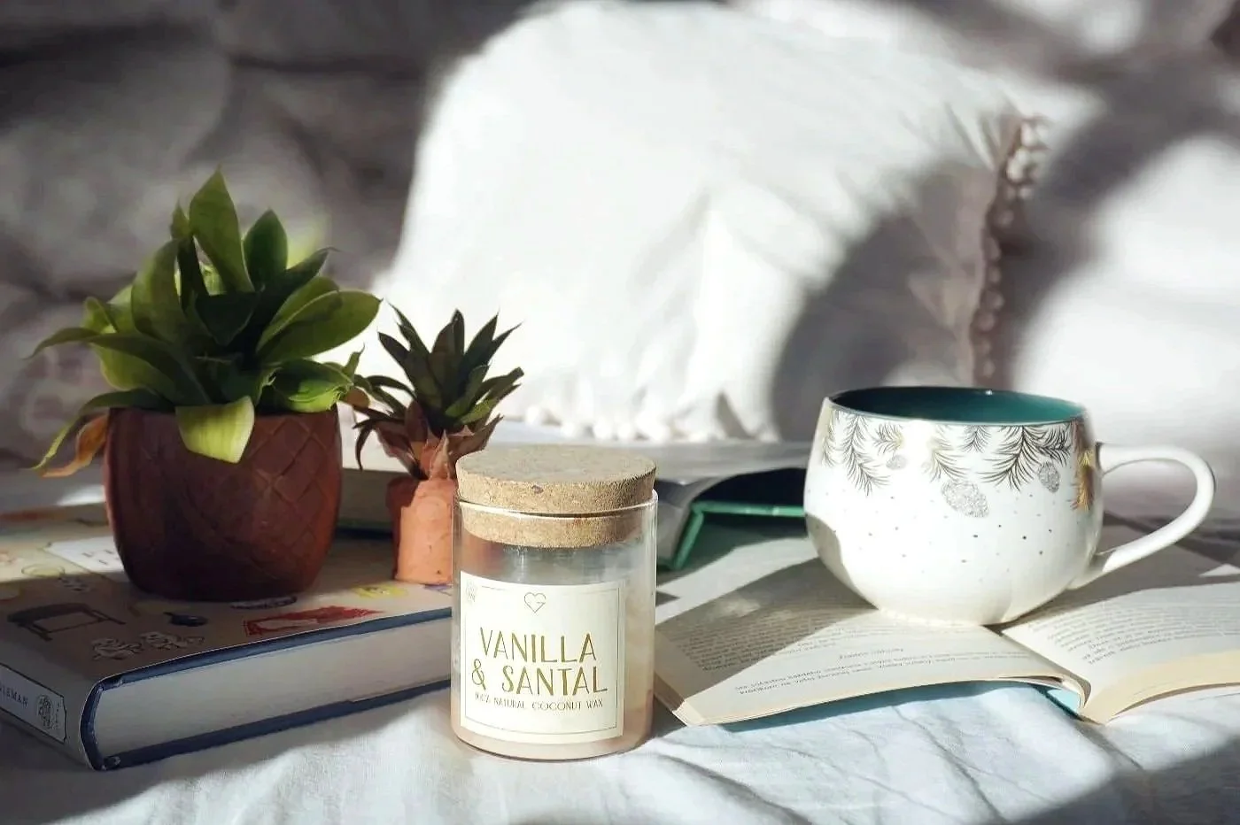 Sunlit morning ritual with a tea cup, candle, and green plants on open books, representing holistic interior design atmosphere.