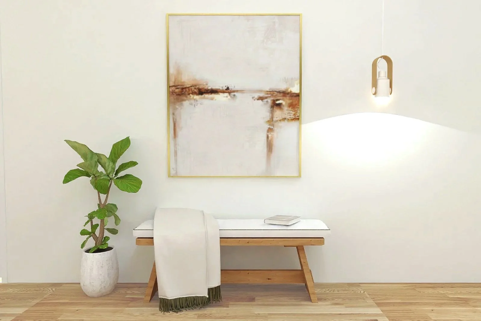 A minimalist natural wood bench featuring a slim profile and a soft, white seat cushion.