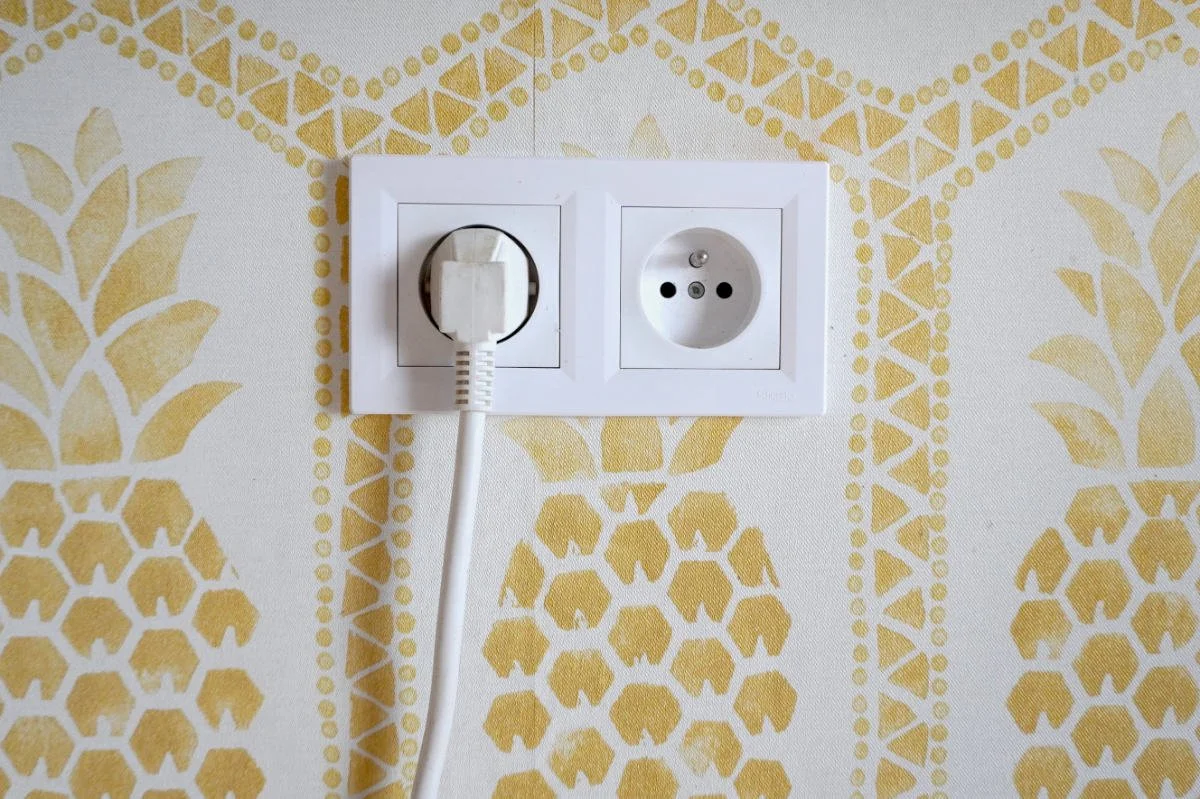 Close-up of a double electric socket positioned cleanly against a playful gold pineapple wallpaper splashback in a modern utility layout.