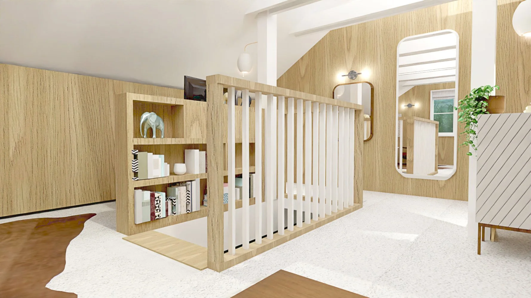 3D visualisation of wooden stairs railing with shelving on one side, white carpet and an oblong mirror at the back