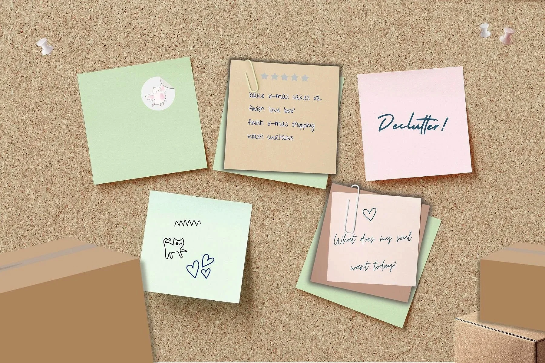 Pinned sticky notes on a corkboard, representing ideas, to-dos, and cluttered thoughts.