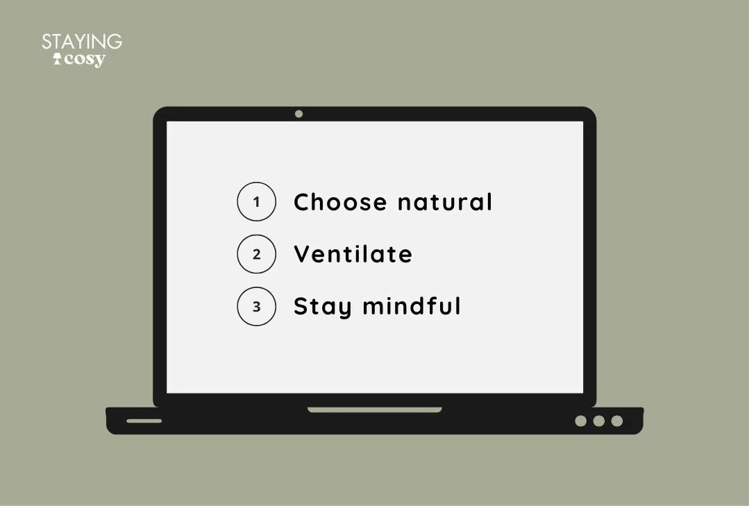 Illustration of 3 key steps to a VOC-free home: choose natural, ventilate regularly, and stay mindful