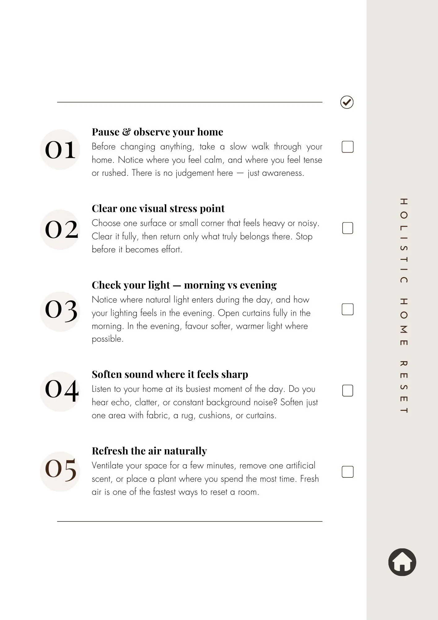 Checklist titled 'Holistic Home Reset' with five steps numbered 01 to 05, each with a checkbox. The steps include observing your home, clearing visual stress points, checking natural light, softening sharp sounds, and refreshing the air.