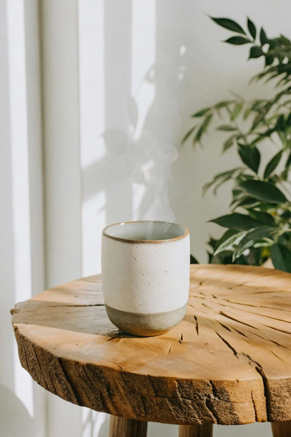 Close-up of a steaming tea mug on a wooden stool in cool morning sunlight, emphasizing natural light in the home.