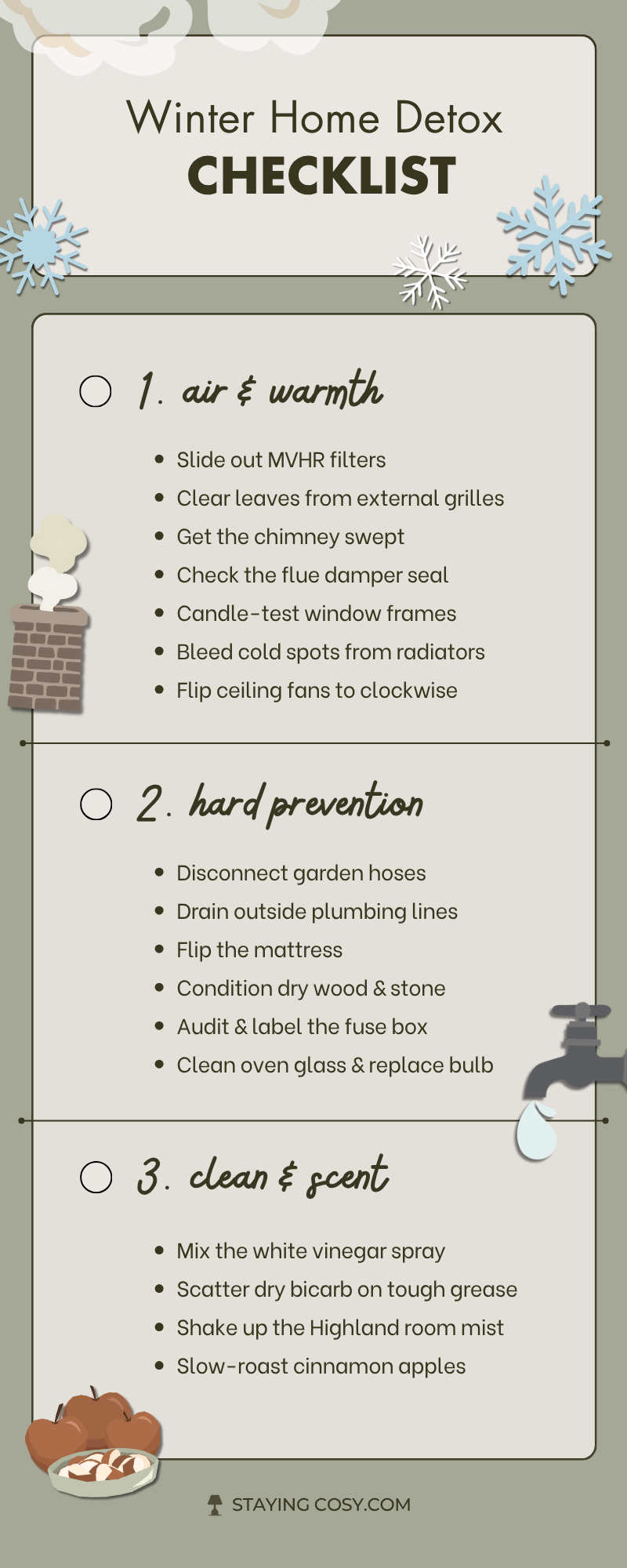 • A tall minimalist checklist graphic detailing steps to winter proof and deep clean a home without toxic chemicals.