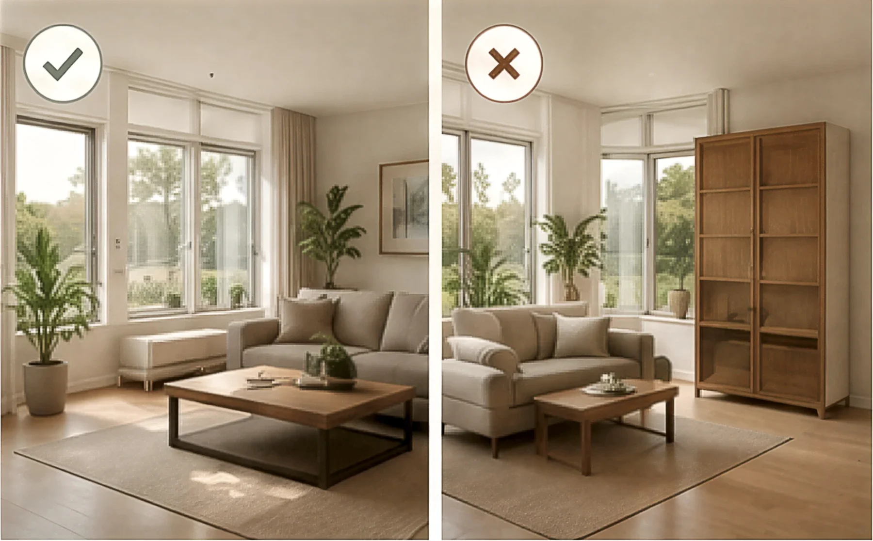Side-by-side comparison showing a living area positioned towards natural light on the left and away from the light on the right.