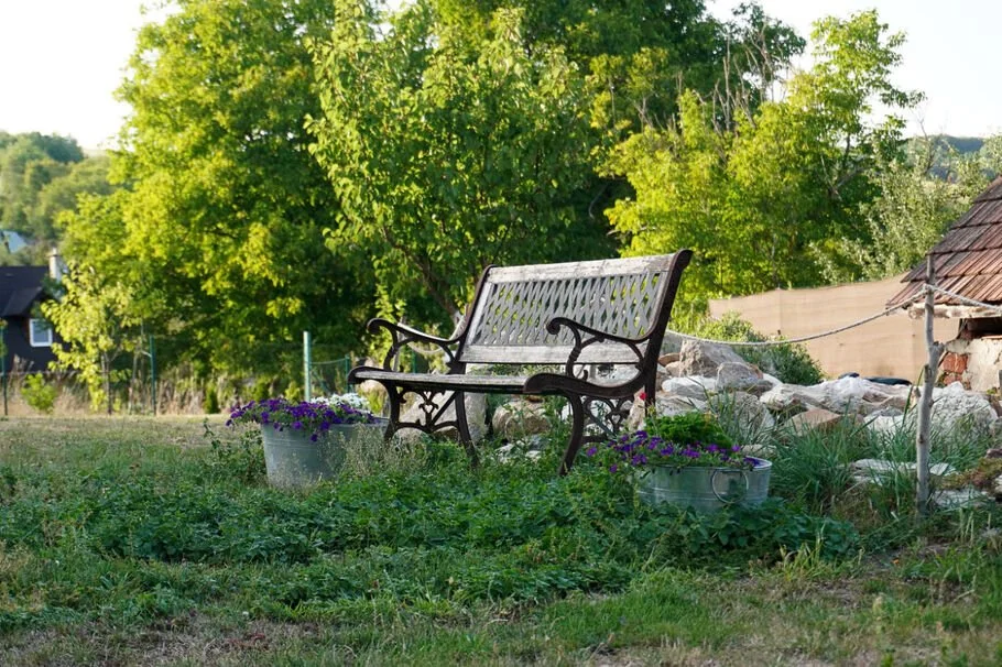 Romantic wooden garden bench flanked by minimalist steel plant pots filled with vibrant purple flowers, creating a peaceful wellness corner.