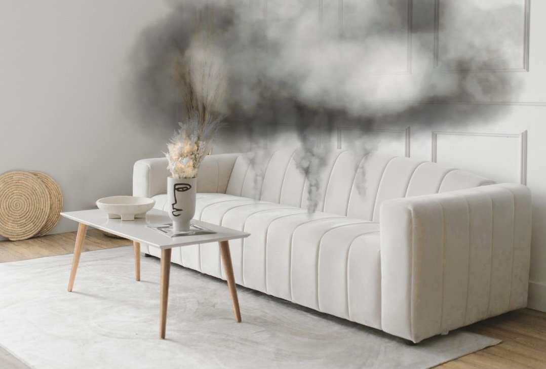 Conceptual image of a white sofa emitting fumes — visual metaphor for off-gassing from synthetic furniture materials.