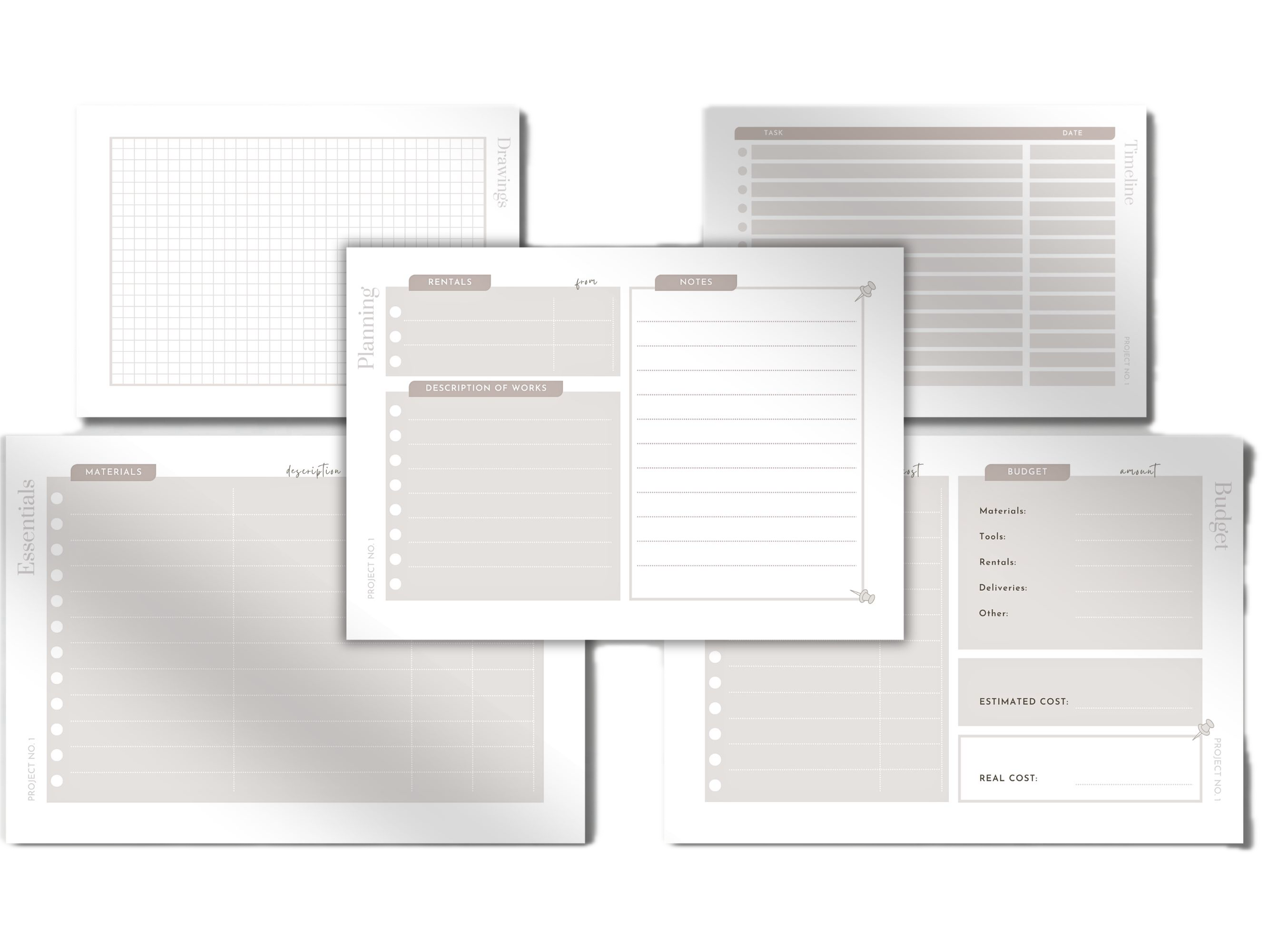 Various paper sheets with different templates for planning, notes, materials, budget, and project management arranged against a black background.