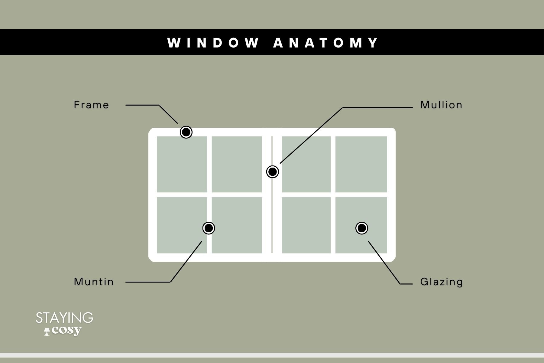 Architectural window anatomy diagram illustrating the difference between structural mullions, decorative muntins, and the window frame.