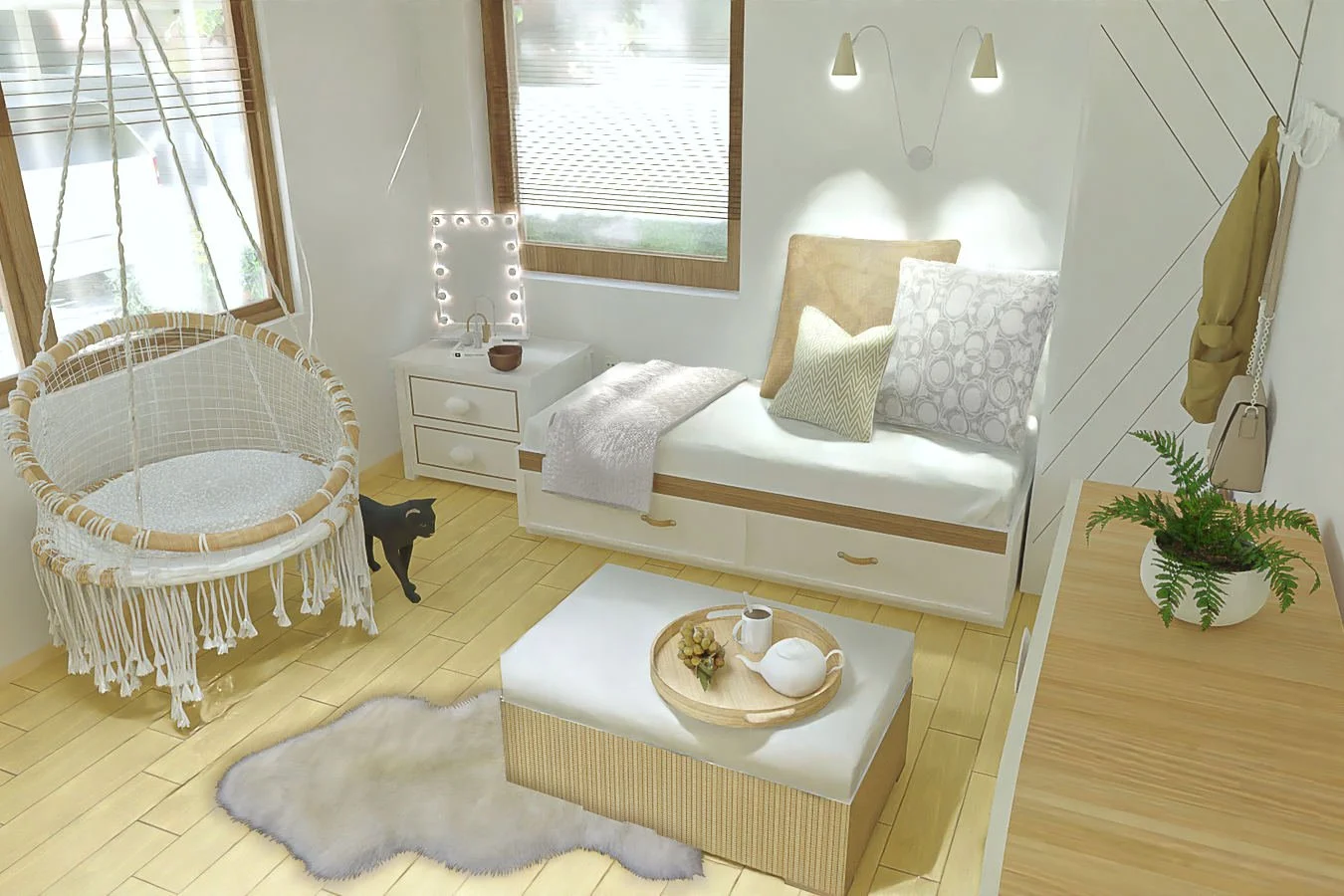 Minimal white studio layout with natural wood and bed doubling as sofa configuration shown from angled top view