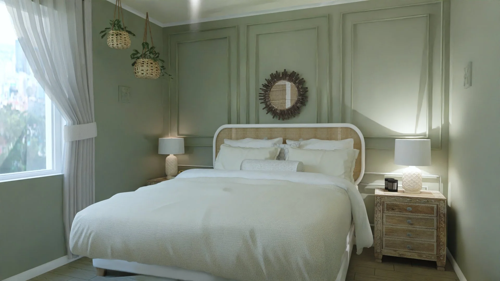 A cozy bedroom with a white bed, nightstands with lamps, a window with white curtains, a wall mirror surrounded by a sunburst frame, and hanging planters with greenery.