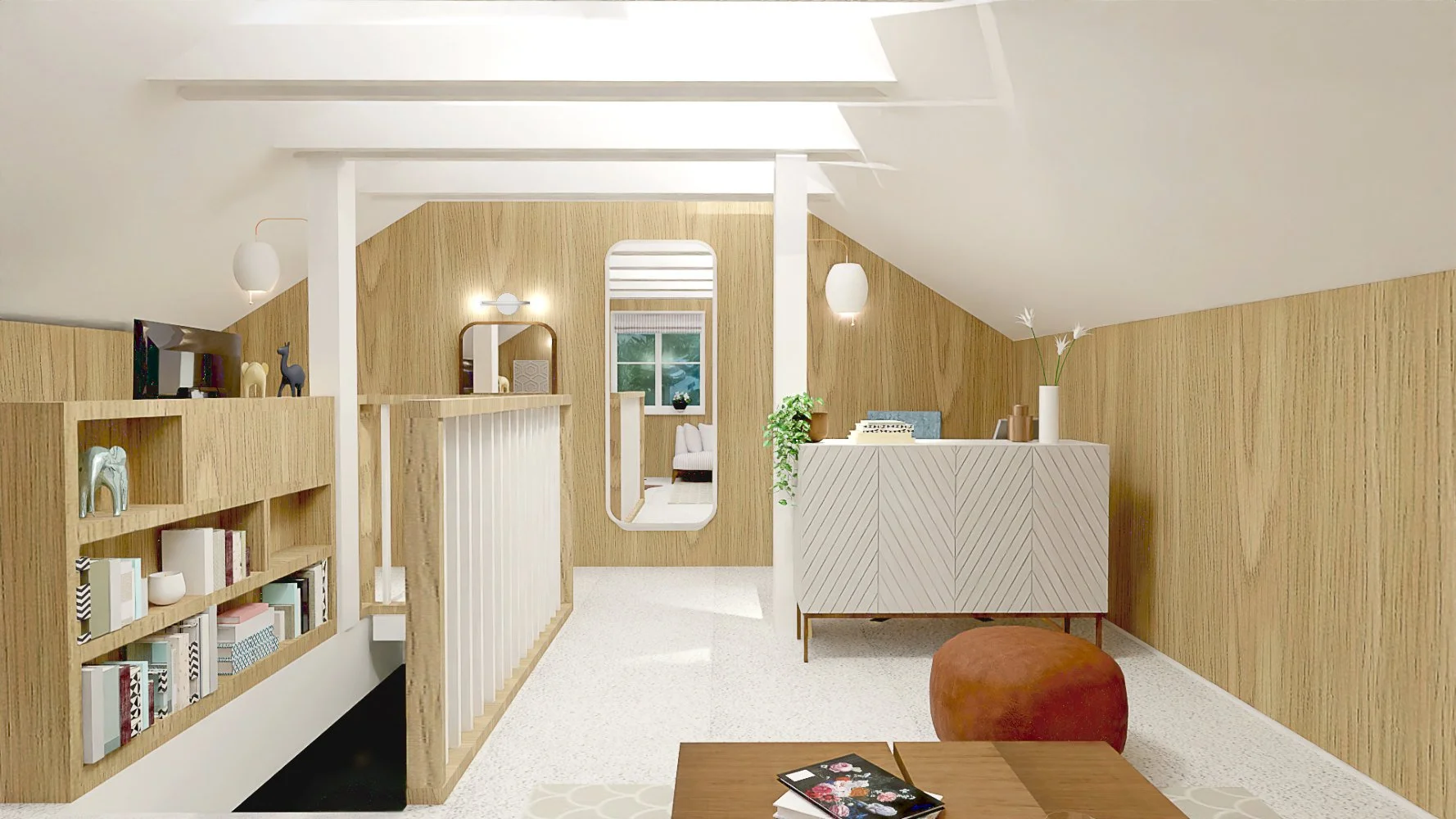 3D visualisation of white carpeted and wood cladded attic work-living space with white construction beams and a grey sideboard