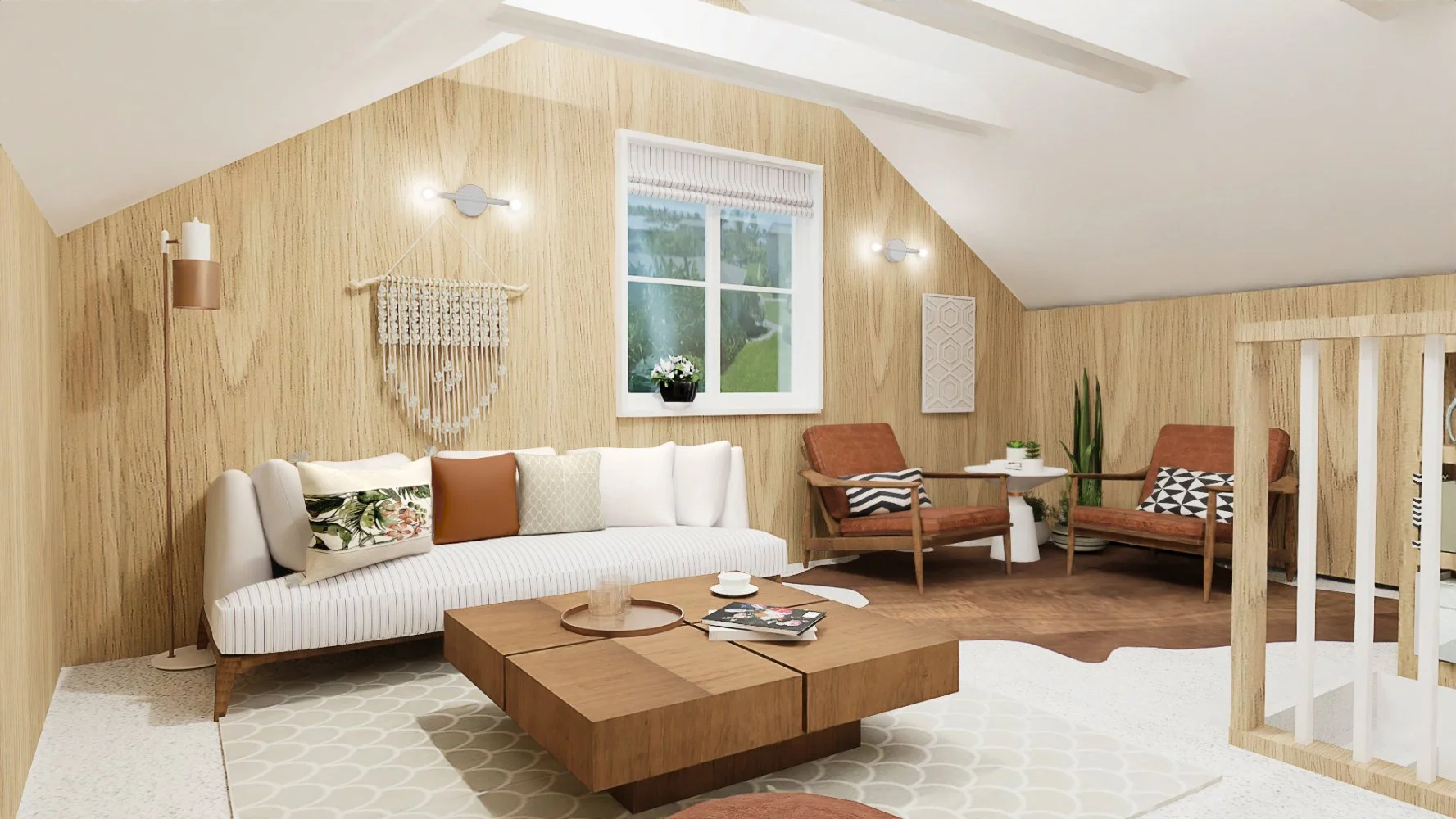 A wood cladded attic living room with white sofa, square wooden coffee table and two leather chairs